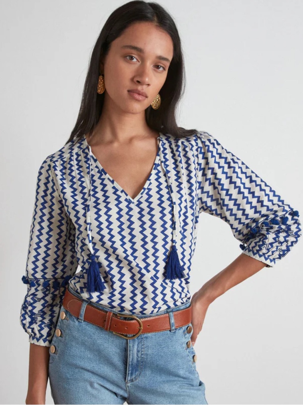 Maison 123 Marjorie Blue Zigzag Print Tassel Blouse Small Boho Paris